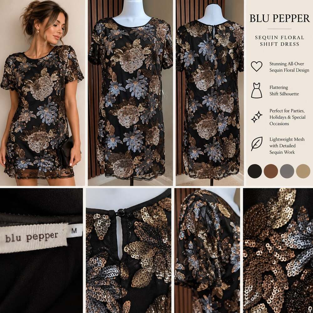 Blu Pepper Sequin Floral Shift Dress Size M Black Gold Party Mini